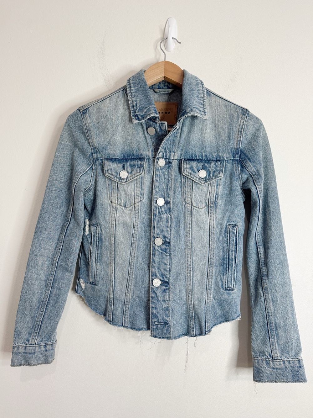 Blanknyc Denim Jacket Distressed Medium Wash Raw Frayed Hem Cropped Y2K size XS